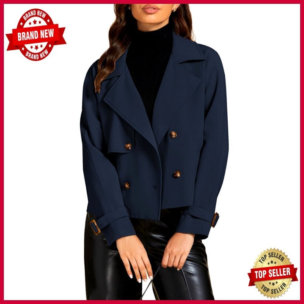 Cropped Trench Coat Women Long Sleeve Double Breasted Loose Fit Jacket